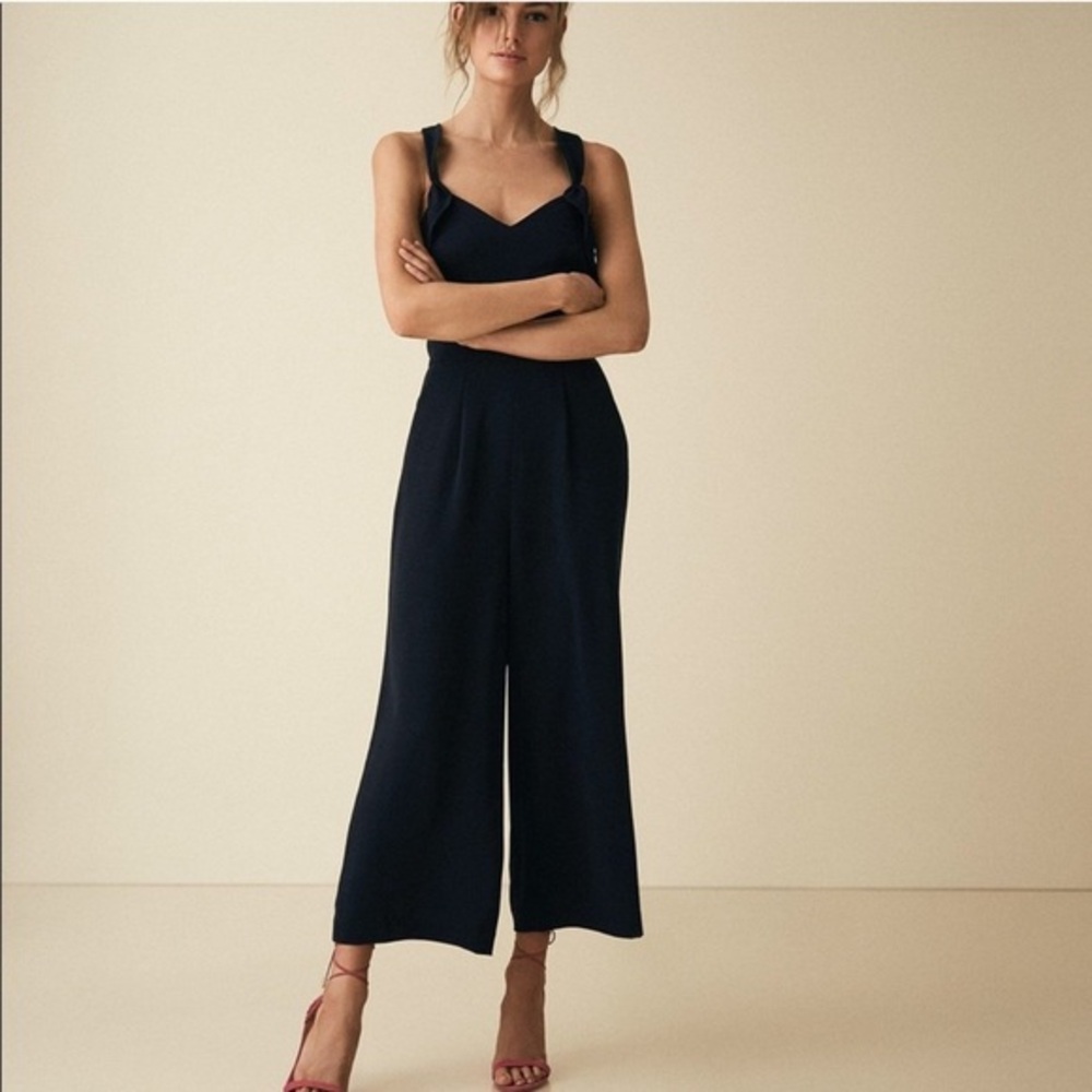 REISS LONDON Navy Amika Cross Back Ruffle‎ Jumpsuit Size 6